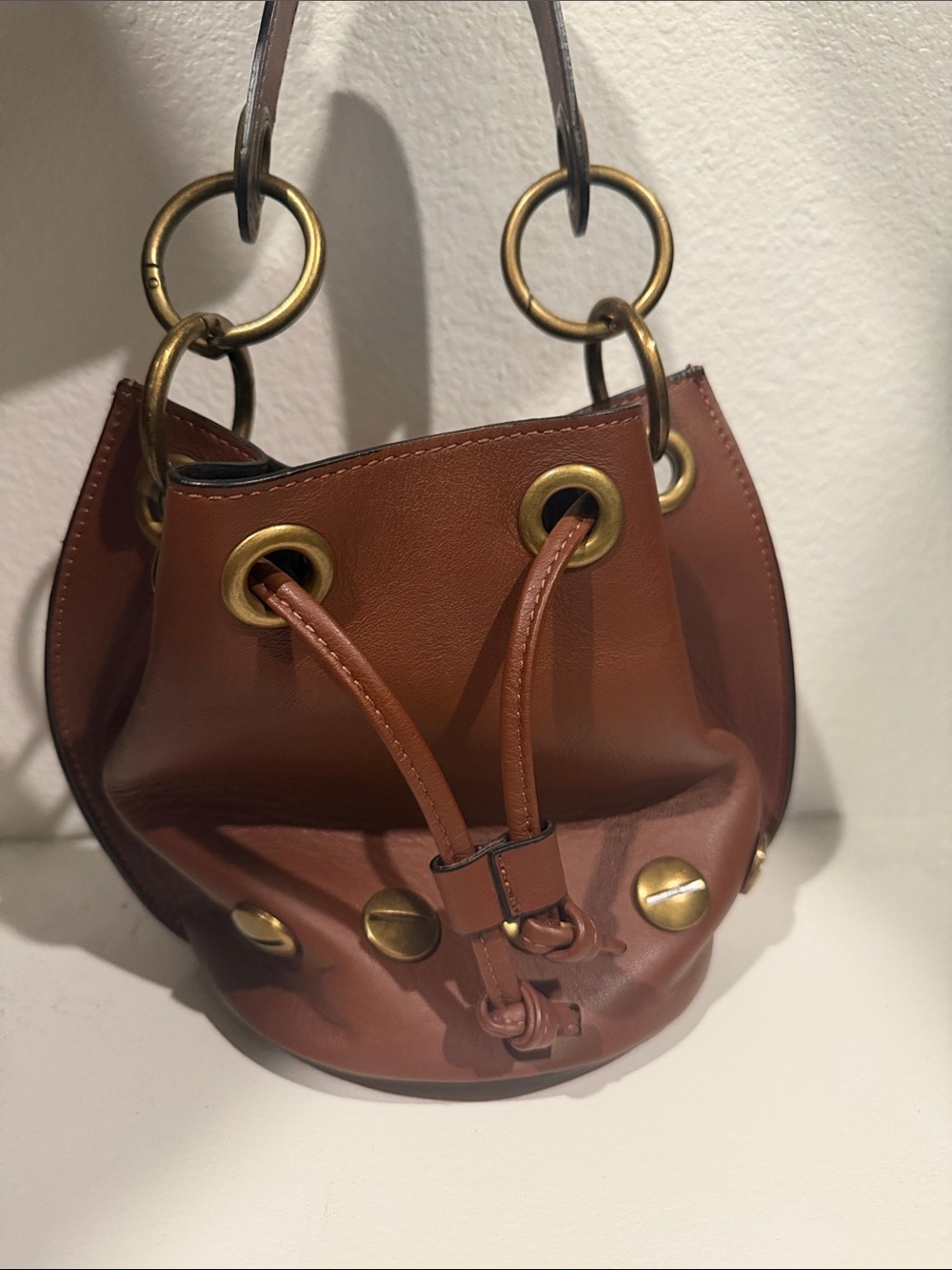 Chestnut Brown Leather Drawstring Shoulder Bag with Brass Rings